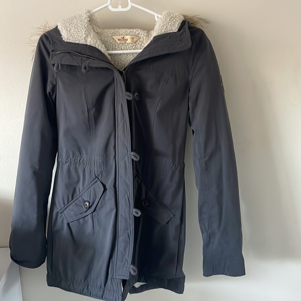 Hollister Dark Grey Sherpa-Lined Coat with Fur-Lined Hood